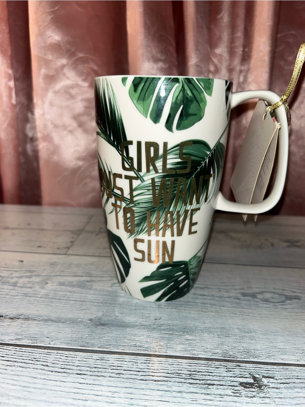 Decorative Green Palm Leaf Ceramic “girls just want to have sun” mug